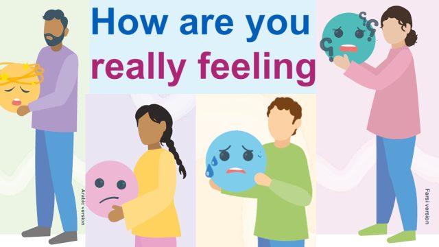 Four people holding faces showing different emotions and the text "How are you really feeling"